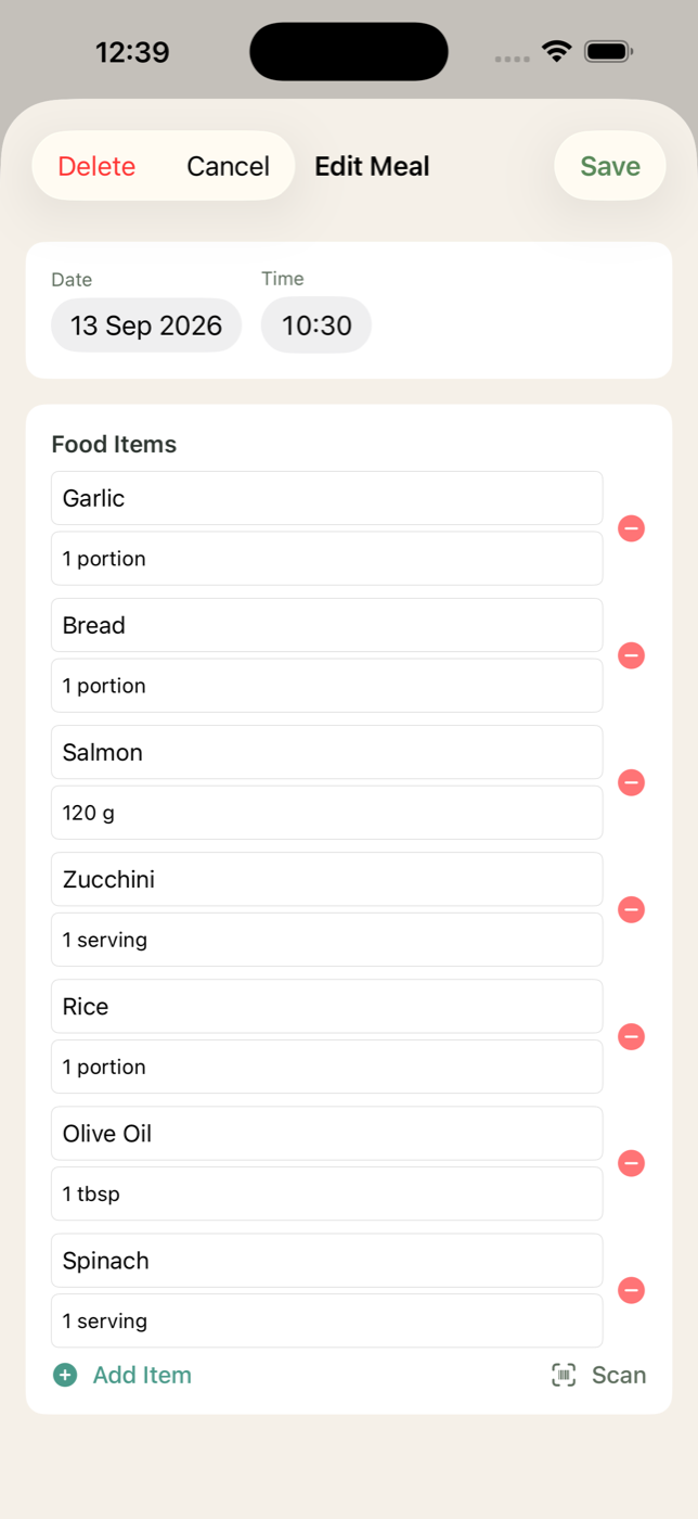 Editing a meal in SIBO AI, with itemised logging of foods and amounts