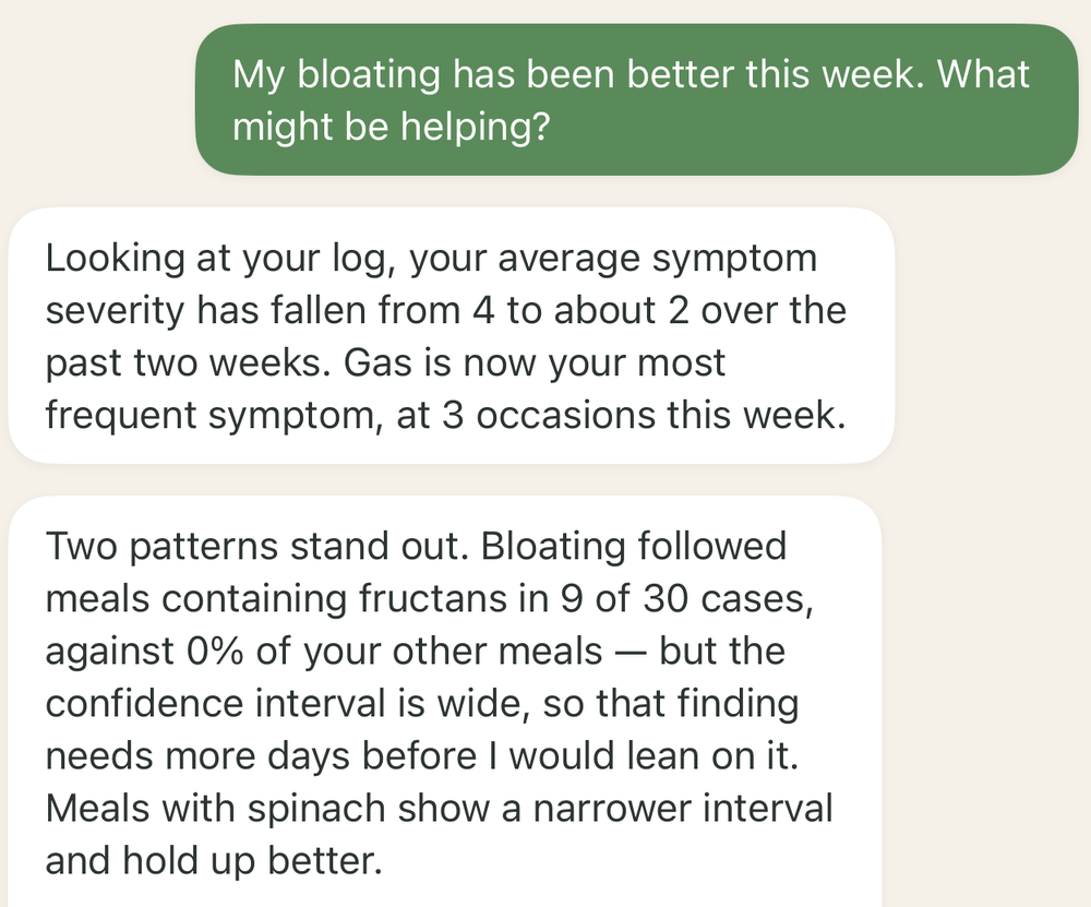 From the app: the AI coach answers a question about why bloating improved, using the change in the user's own log as the evidence